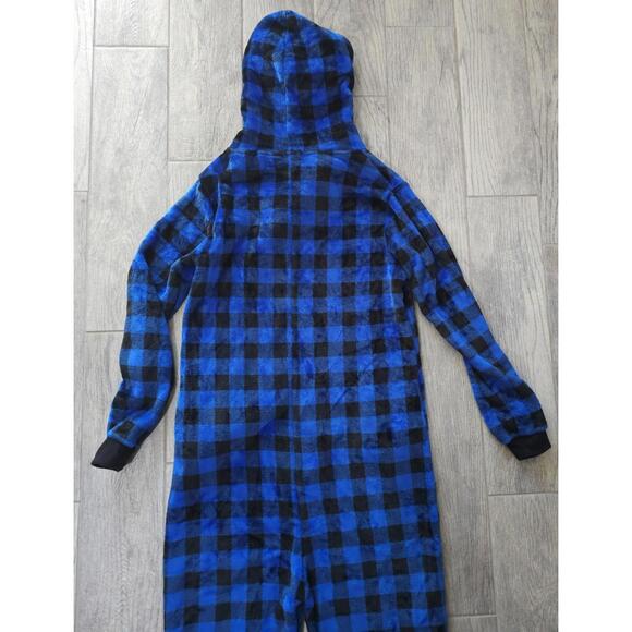 Women's Giggling Getup One Piece Pajamas Hooded Buffalo Plaid Blue Size Medium - Picture 6 of 8